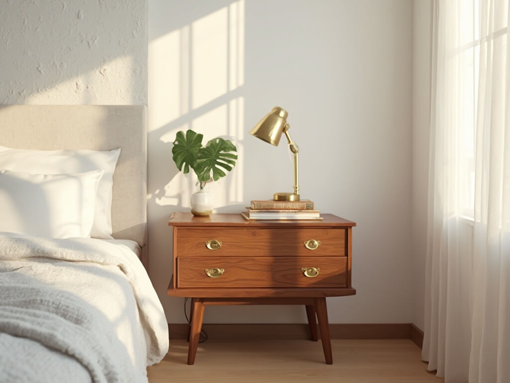 "Mid-century modern nightstand with brass lamp, vintage books and a small monstera plant, styled in a sunlit minimalist bedroom corner"