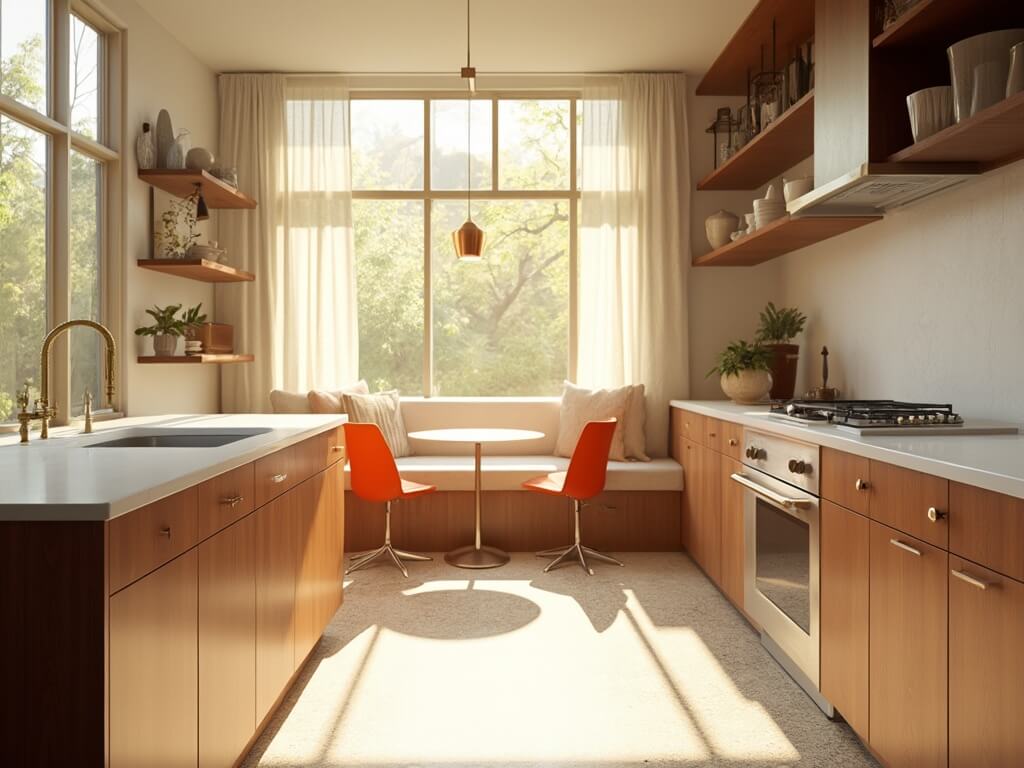 "Sunlit mid-century modern kitchen with walnut cabinetry, white quartz countertops, and Saarinen tulip table paired with orange Eames chairs."