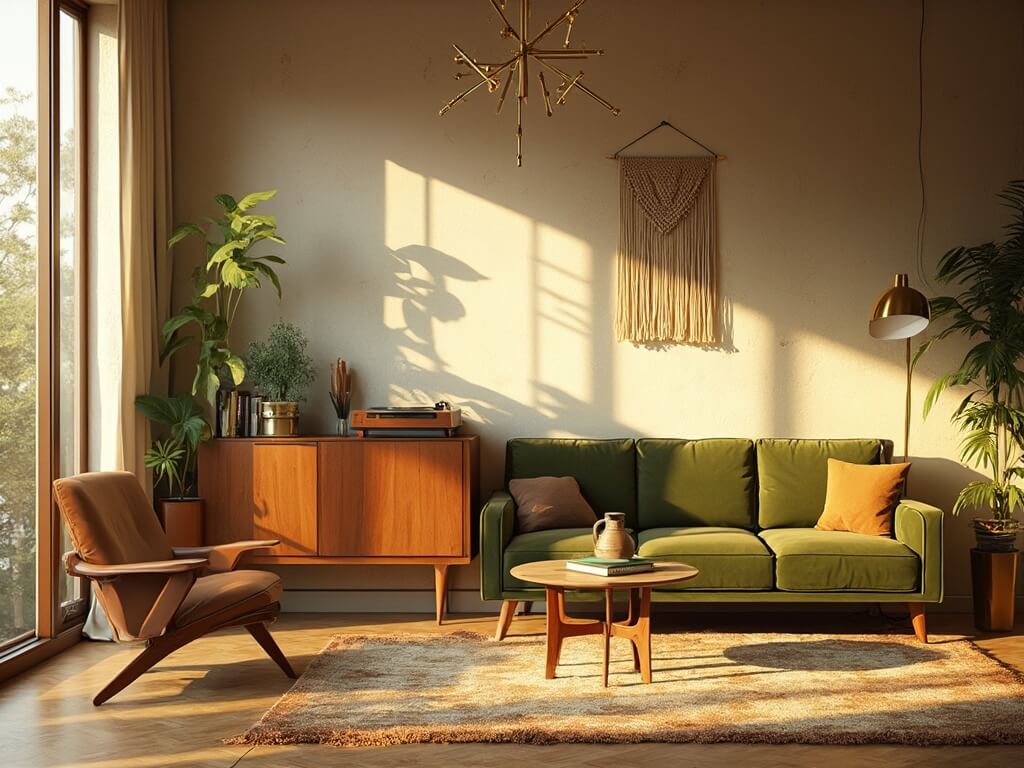 "Vintage mid-century modern living room bathed in golden hour sunlight, featuring olive green velvet sofa, caramel leather armchair, brass accents, and natural wood furniture"