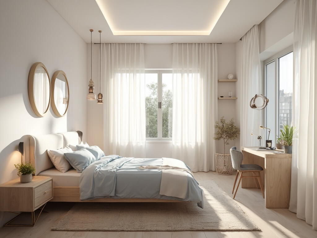 "Minimalist Scandinavian bedroom with morning light, queen-size bed, oak desk, and layered lighting"