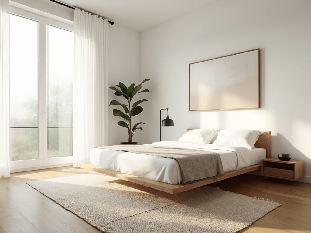 "Minimalist bedroom bathed in soft morning light with white linen bedding, abstract art, and a potted fiddle leaf fig."
