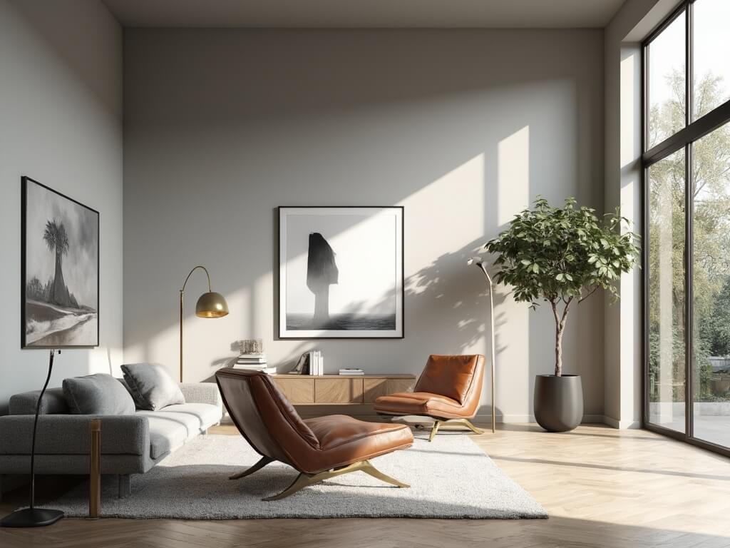 "Modern minimalist living room with grey walls and natural morning light, plush grey sofa, leather chairs, brass side tables, walnut media console and mature fiddle leaf fig in a matte black planter"