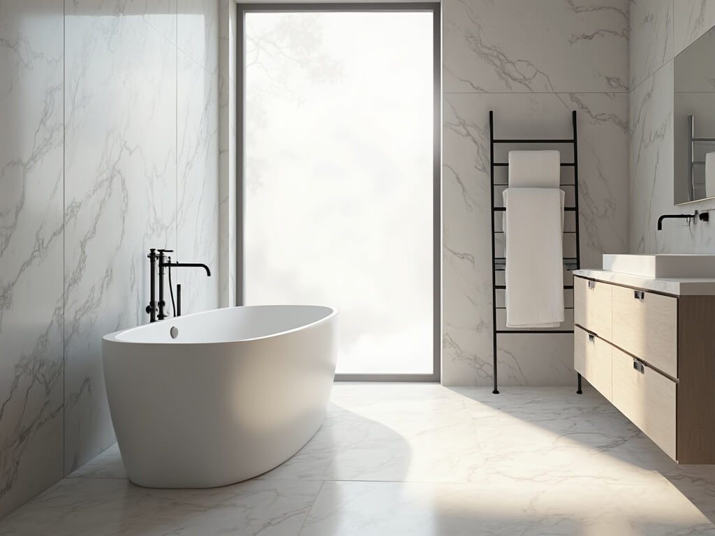 "Minimalist luxury bathroom with marble walls, oak vanity, and morning sunlight streaming from frosted window"