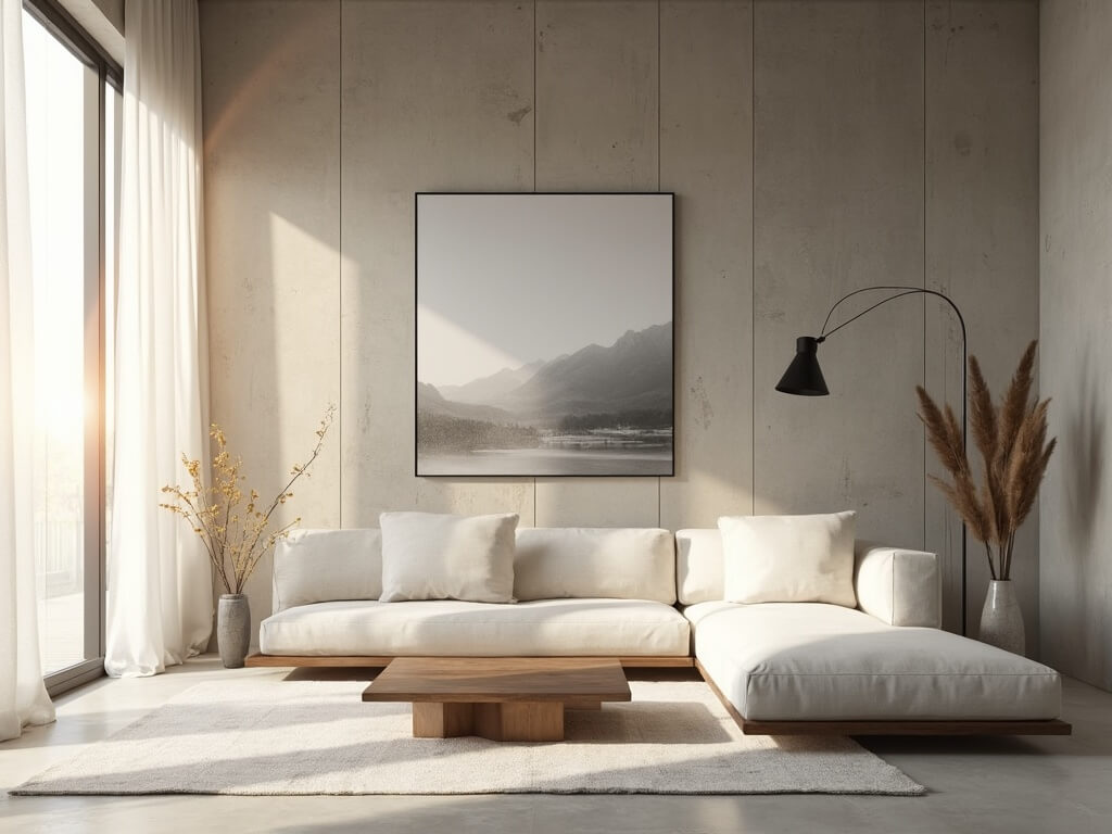 "Minimalist living room with morning light filtering through large windows, featuring an ivory sofa, walnut coffee table, and an abstract artwork on a concrete wall"