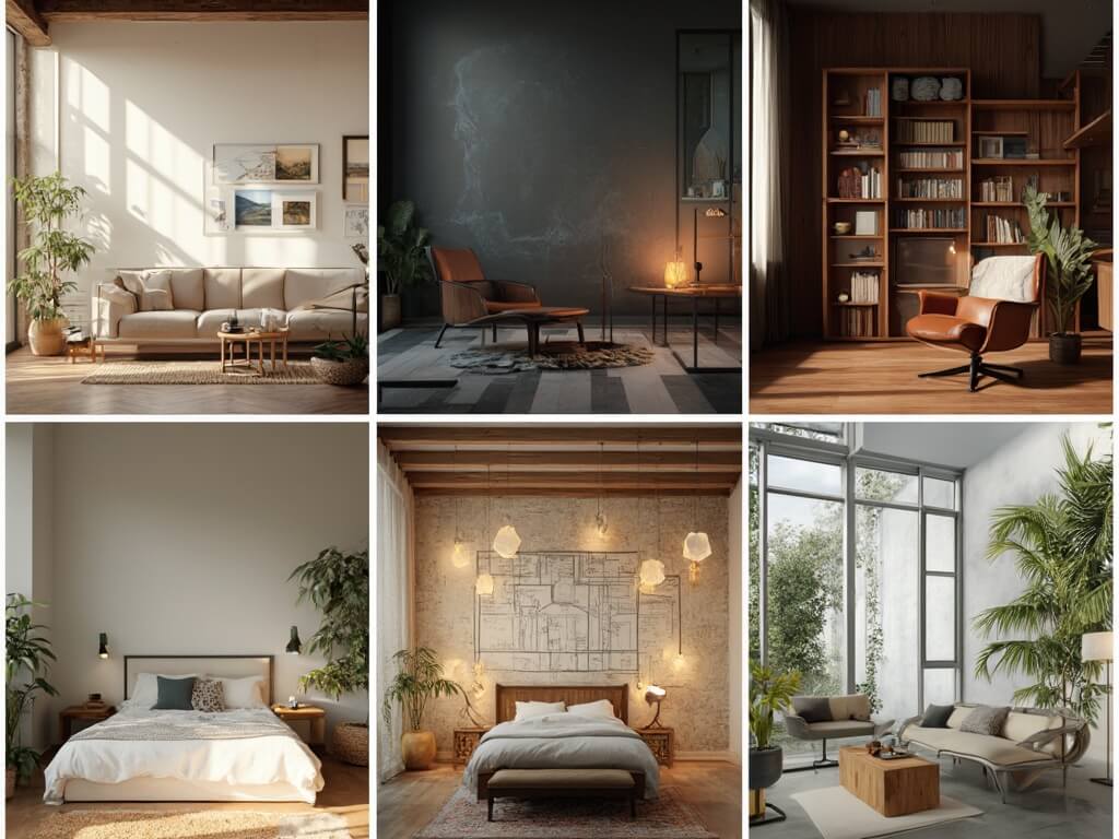 "Grid of six apartment interiors in various styles including modern farmhouse, dark academia study, mid-century modern, Scandinavian bedroom, industrial loft, and plant-filled sunroom"