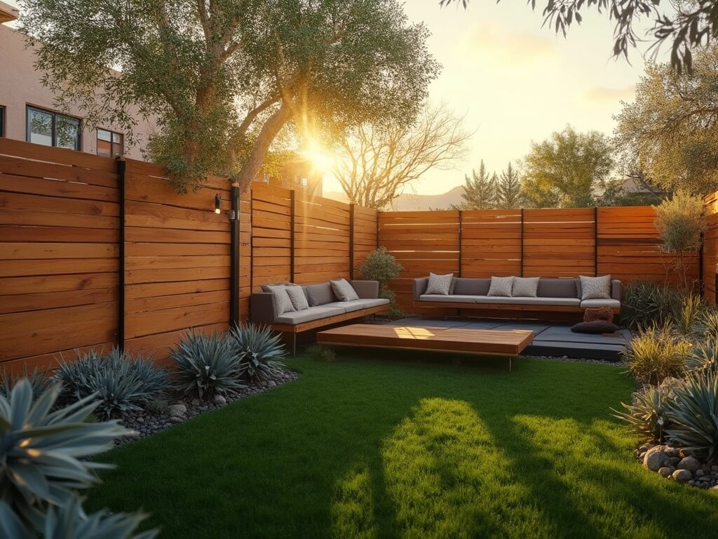 "Modern backyard with tall cedar fence, floating bench seating, LED uplighting, and desert landscaping at golden hour with a subtle morning mist"
