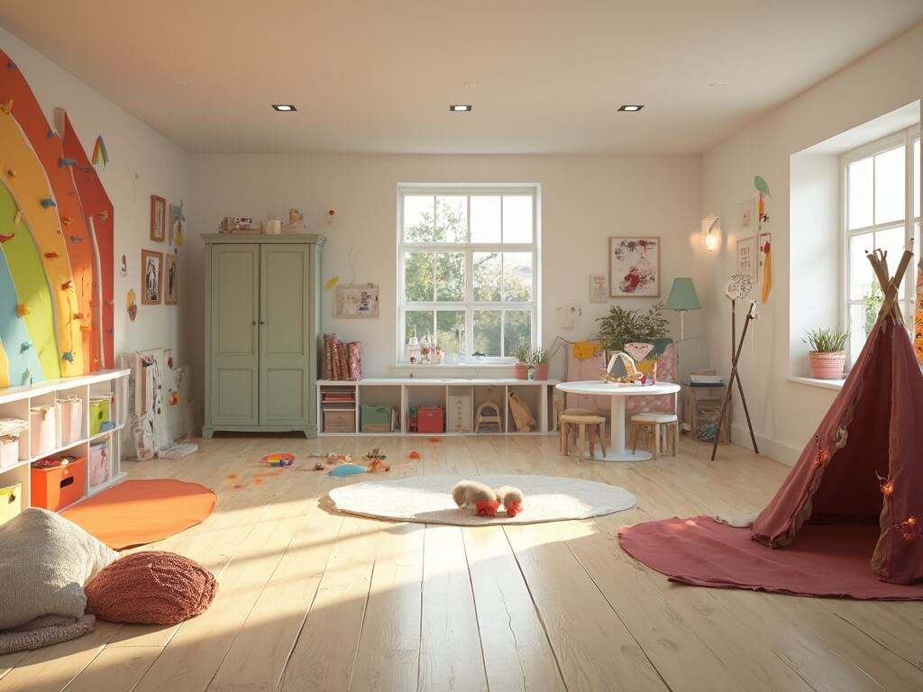 "Modern basement playroom featuring distinct activity zones including a climbing wall, creative corner, reading nook, storage systems and a puppet theatre, decorated in vibrant colors and contemporary finishes"