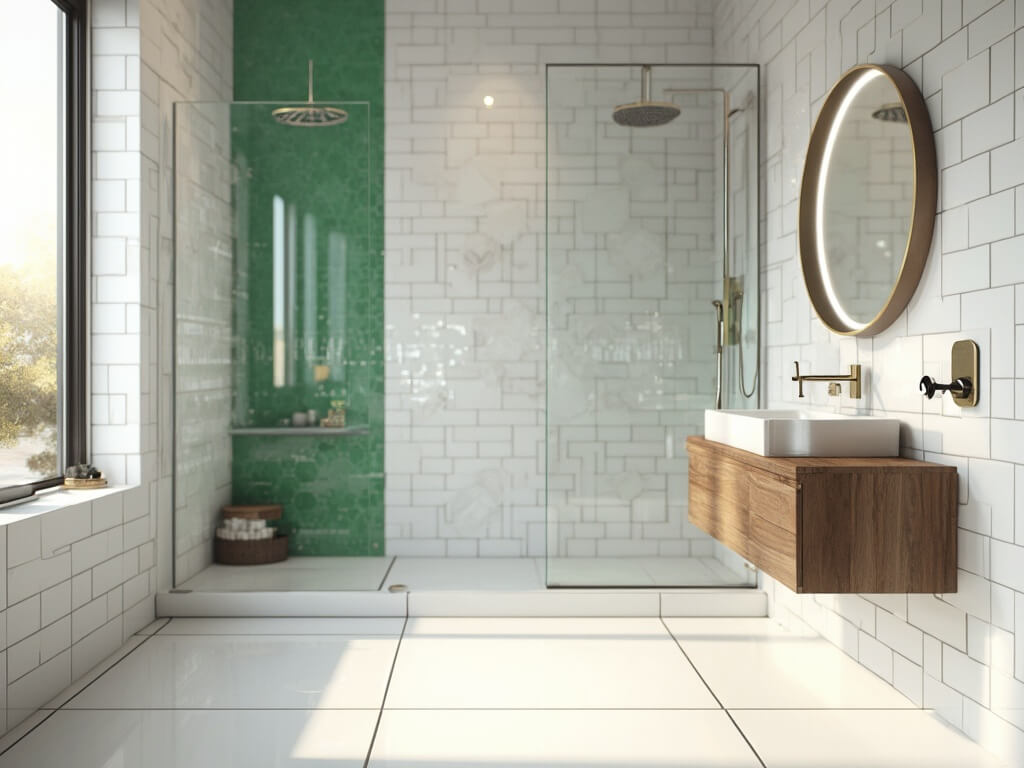 "Modern minimalist bathroom with large white floor tiles, emerald green hexagonal wall tiles behind a floating vanity, and natural sunlight streaming through a frosted window"