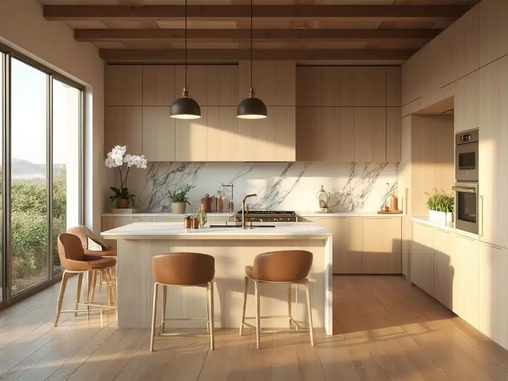 "Modern beige kitchen with shaker-style cabinets, quartz countertops, brass accents, and a large center island, bathed in natural light from floor-to-ceiling windows."