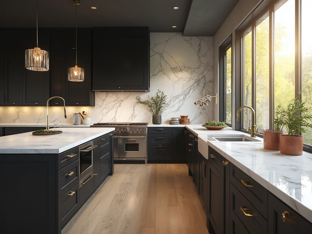 "Modern kitchen with espresso shaker cabinets, white quartz island, stainless steel appliances, and floor-to-ceiling windows during golden hour"