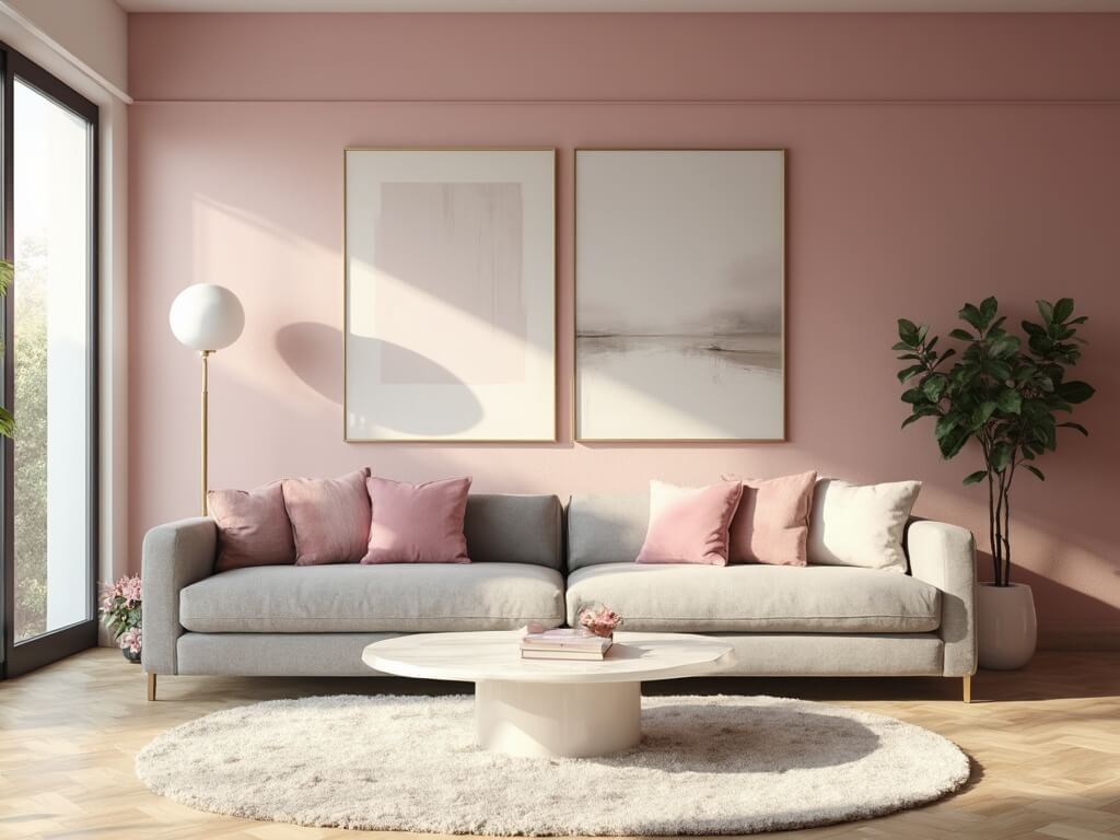 "Modern blush pink living room with natural sunlight, sophisticated décor, and plush furnishings"