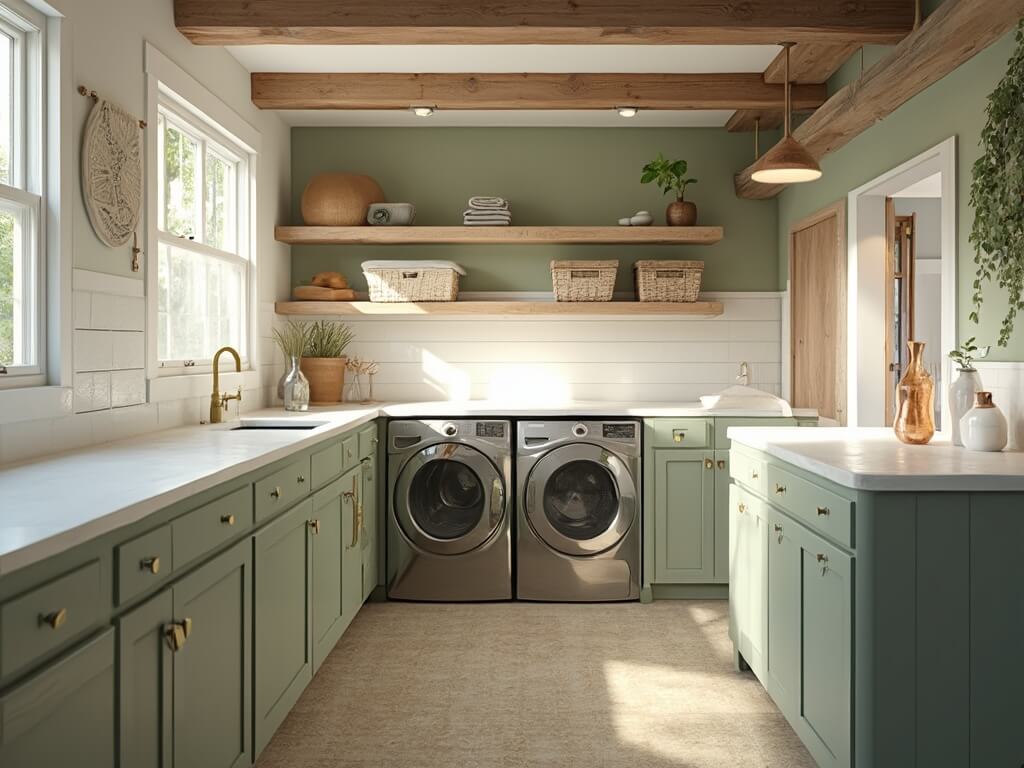 "Modern, luxurious basement laundry room with sage green walls, white shiplap accents, high-end appliances, and warm, natural decor details."