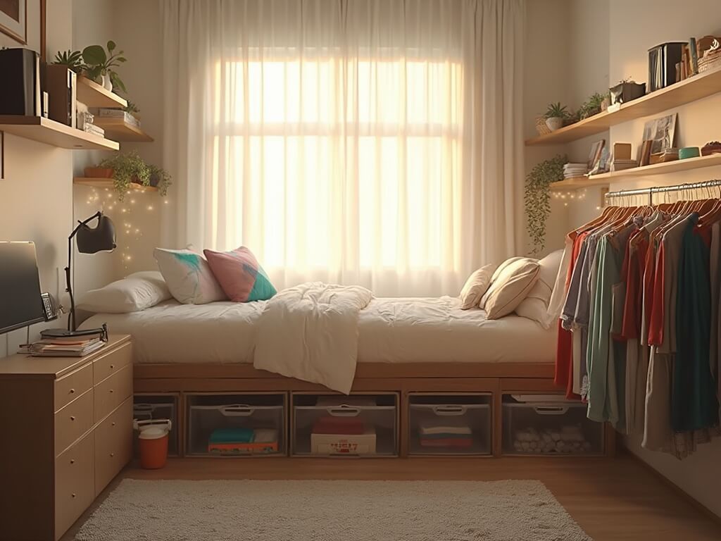 Organized dorm room with lofted bed, color-coded storage bins, minimalist desk setup, photo gallery on white walls, and closet with linked clothing.