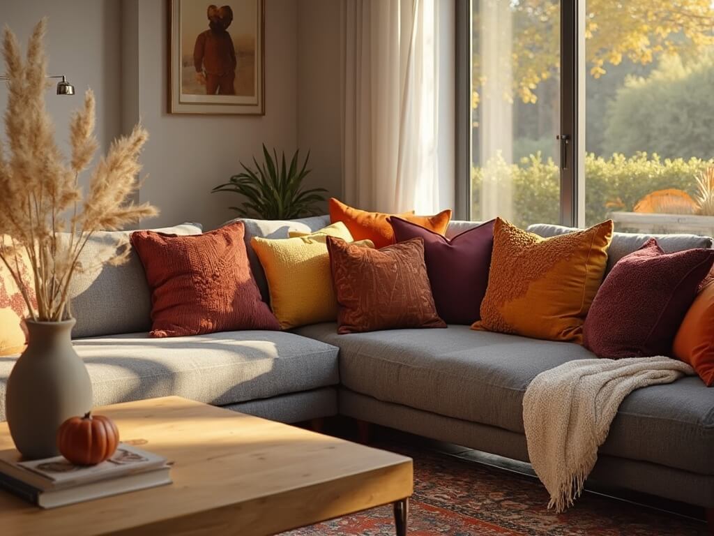 "Modern living room with plush gray sectional sofa, autumn-colored throw pillows, solid oak coffee table, and Persian rug during golden hour"
