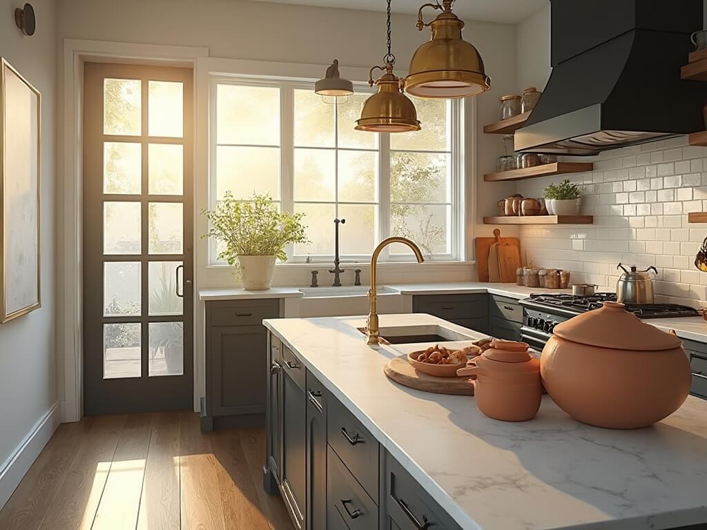 "Sunlit modern farmhouse kitchen with white shiplap walls, black hardware, Carrara marble island, warm oak flooring, and vintage brass lighting"