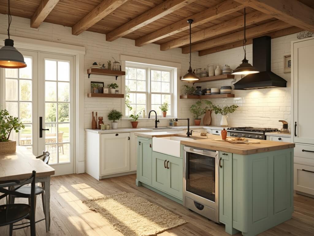 "Modern farmhouse kitchen with rustic elements, white cabinets, wooden island, vintage decor, and golden sunlight streaming in from windows."