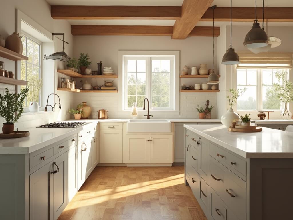"Sunlit modern farmhouse kitchen with white walls, grey and cream cabinets, oak beams, marble-topped island, copper cookware, open shelving, herringbone hardwood floors, and natural linen curtains."