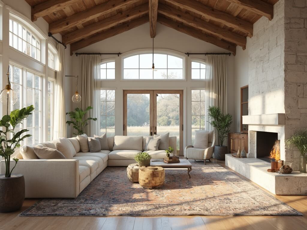 "Modern farmhouse family room with vaulted ceilings, oversized sectional, vintage Persian rug, white-washed stone fireplace, and floor-to-ceiling windows"