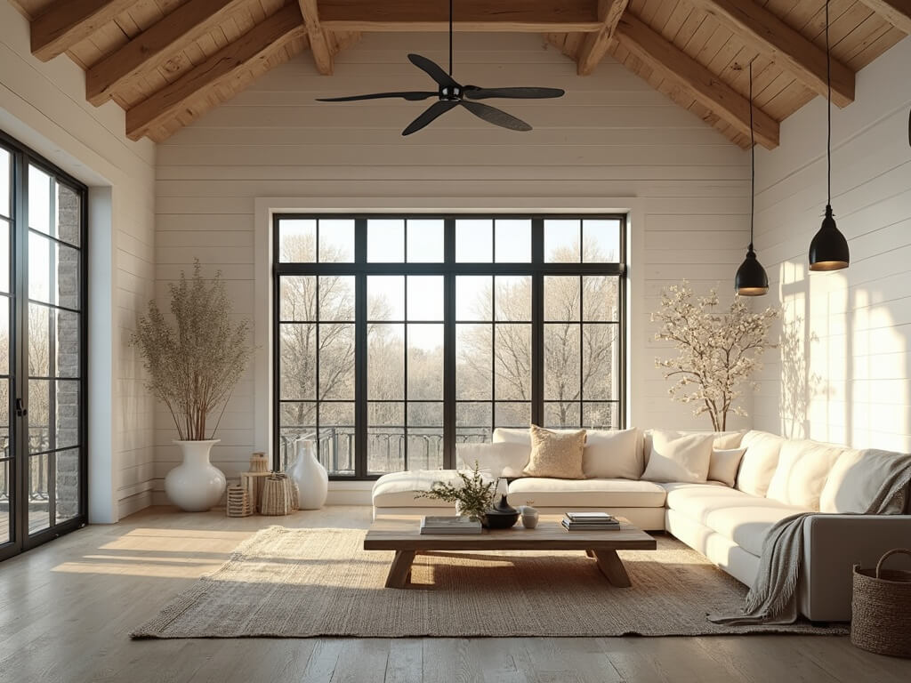 "Modern farmhouse living room with cathedral ceiling, exposed wooden beams, shiplap walls, and chic decor in golden hour lighting"