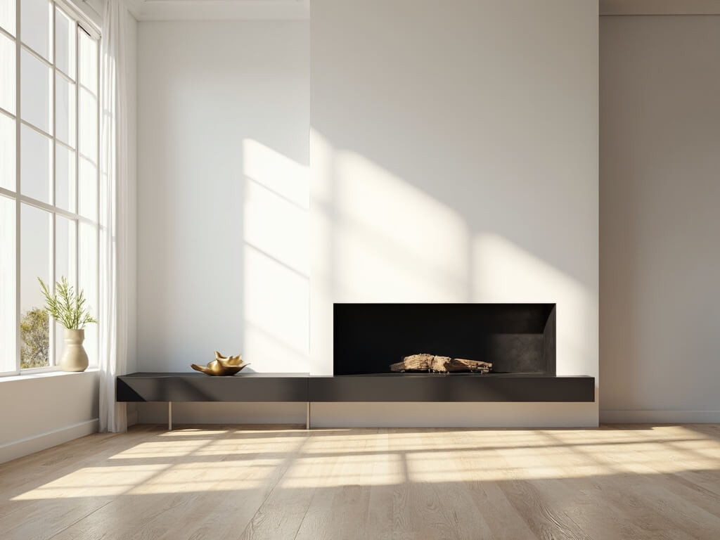 "Contemporary minimalist living room featuring a sleek black mantel, geometric brass sculpture, hardwood floors and natural lighting through tall windows"