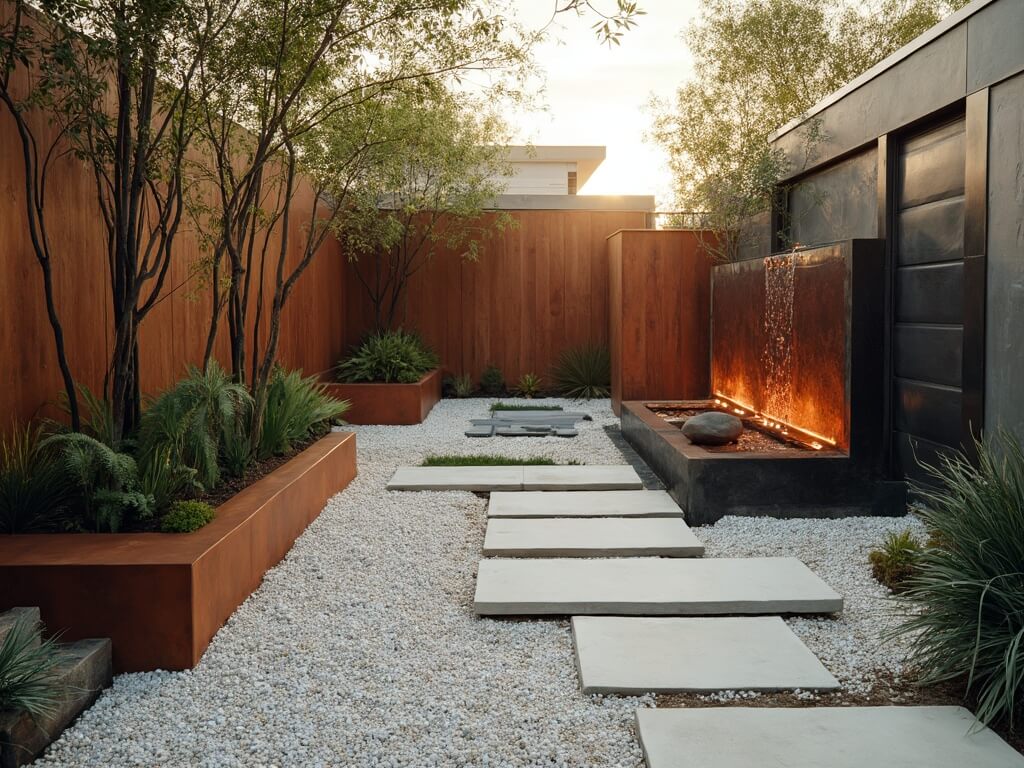 "Modern minimalist garden with geometric design, featuring floating concrete pavers, Corten steel raised beds with architectural plants, and a copper water wall at golden hour."
