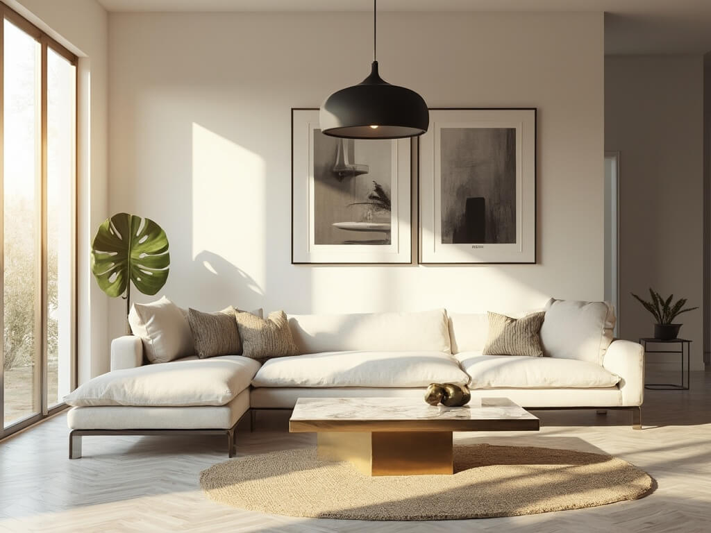 "Contemporary minimalist living room bathed in soft golden hour sunlight, featuring a cream bouclé sofa, brass geometric coffee table, white oak herringbone flooring, black and white photography on the walls, a matte black pendant light, brass decor items, textured throw pillows, a fiddle leaf fig plant, beige silk rug, and mid-century modern influences."