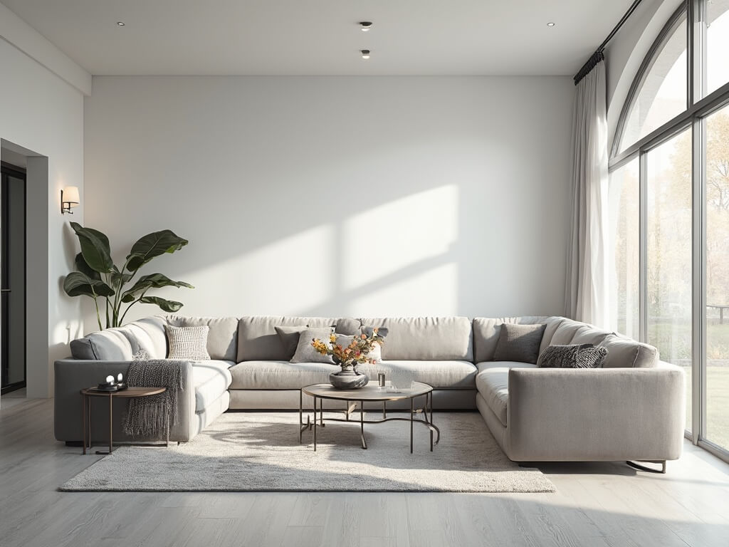 "Modern and spacious living room with grey and white interior design, plush sofa, minimalist coffee table, and ornate lighting fixtures"