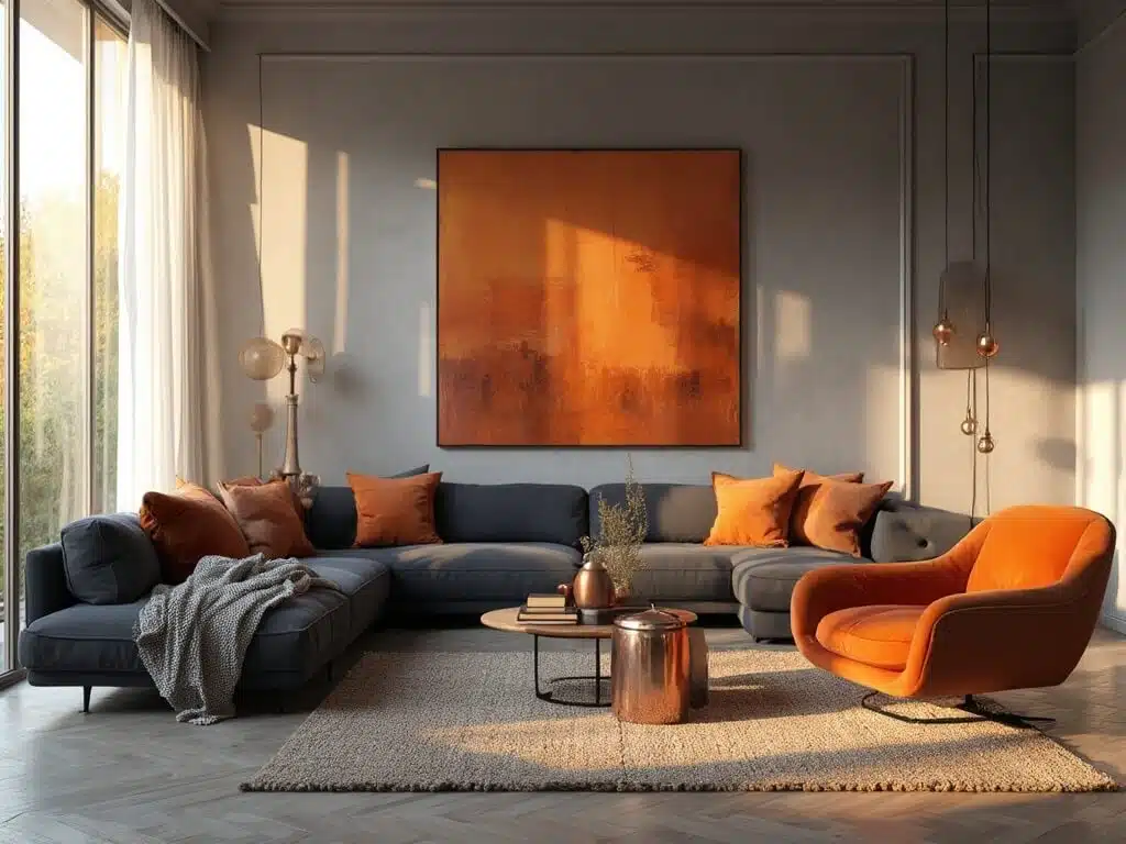 "Modern living room in grey and orange tones during golden hour, featuring a grey sectional, orange leather swivel chairs, and dramatic shadows."
