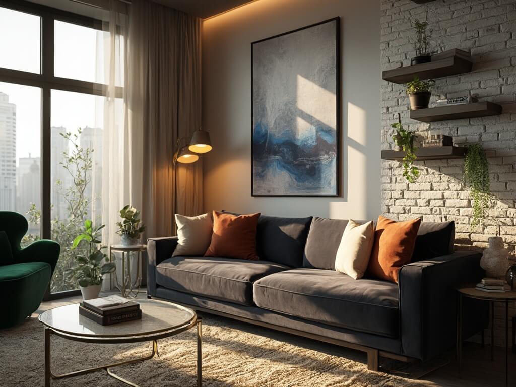 "Cinematic interior design of sophisticated living room with dark grey velvet sofa, emerald green accent chair, minimalist white brick wall, large abstract artwork, and atmospheric sunlight."