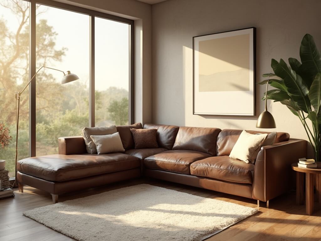 "Spacious contemporary living room with dark brown leather sofa, cream throw pillows, walnut side tables, and minimalist art gallery wall in afternoon sunlight"