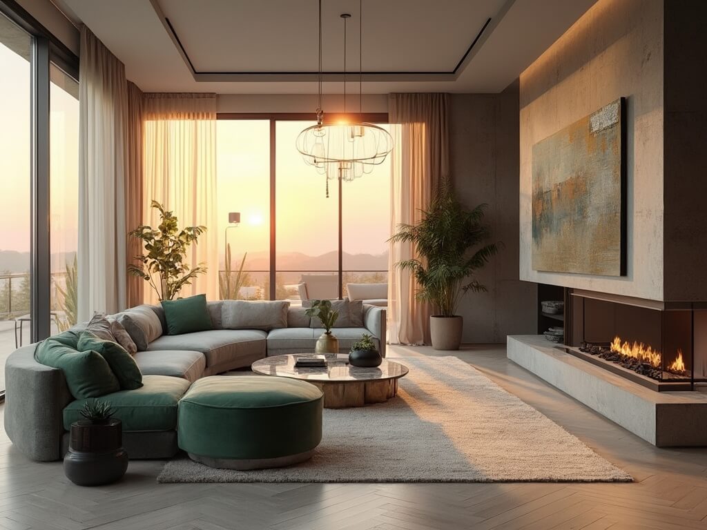 "Modern living room with sunset light filtering through sheer curtains, featuring low-profile sectional, emerald velvet chair, and minimalist fireplace, accentuated by abstract artwork and strategic decor placements"