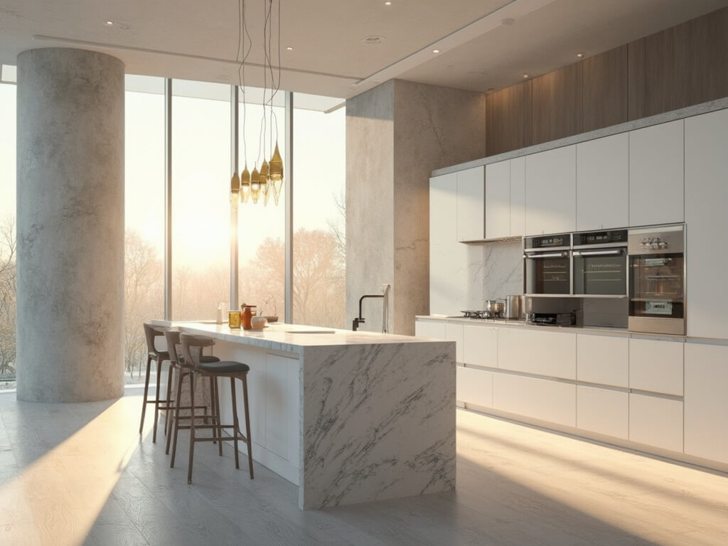 "Modern minimalist kitchen with soft dawn sunlight, waterfall quartzite island, and brushed stainless steel appliances"