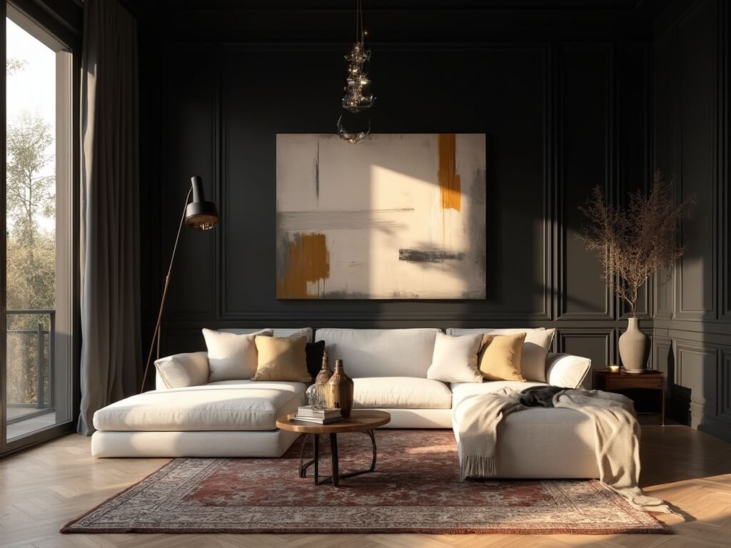 "Sophisticated living room with matte black accent wall, cream sectional sofa, brass floor lamp, and abstract artwork, bathed in golden hour sunlight."