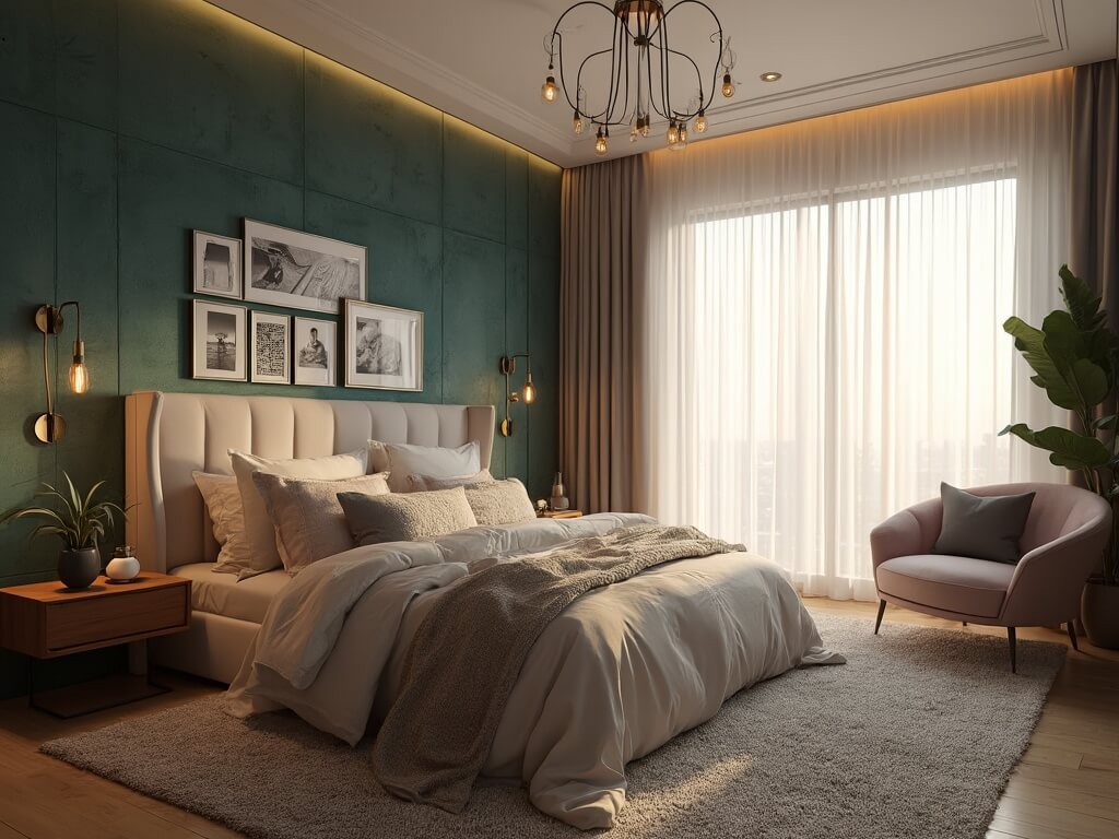 "Luxurious master bedroom with king-size bed, cream and grey linens, modern walnut nightstands, brass accents, and a curated gallery wall during the golden hour"