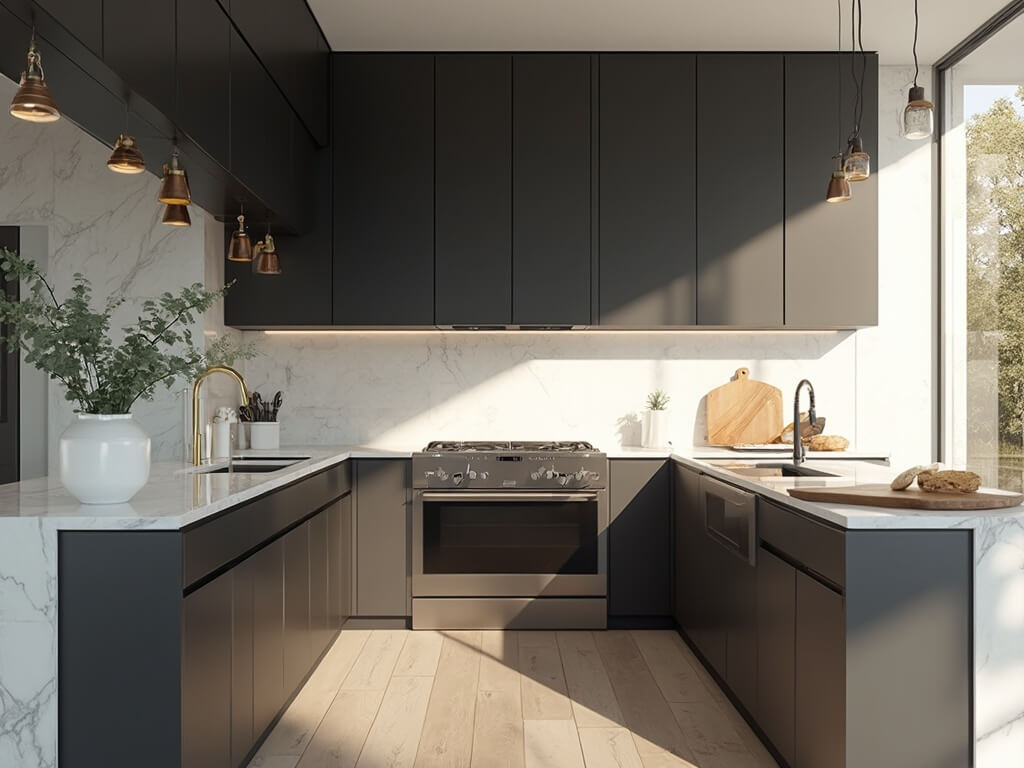 "Modern luxury kitchen with charcoal cabinets, white quartz countertops, brass pendant lights, and floor-to-ceiling windows"