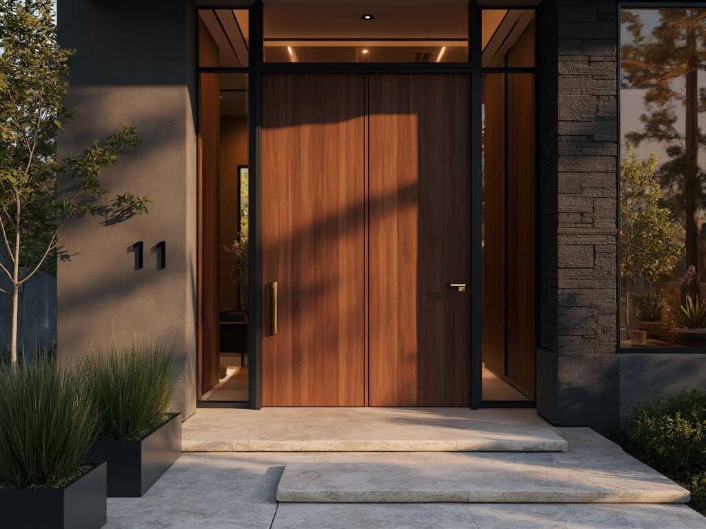 "Modern entryway with dramatic lighting, walnut pivot door, floor-to-ceiling windows and minimal landscaping"