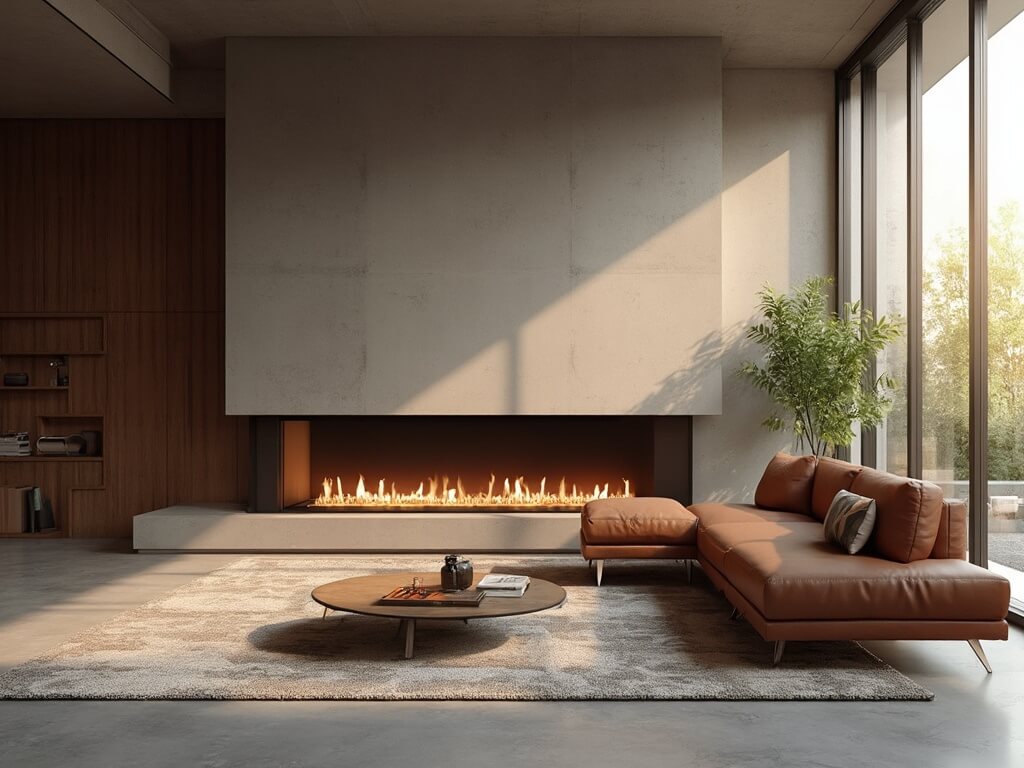 "Modern minimalist living room with luxury gas fireplace and Italian leather sectional illuminated by natural light from floor-to-ceiling windows"