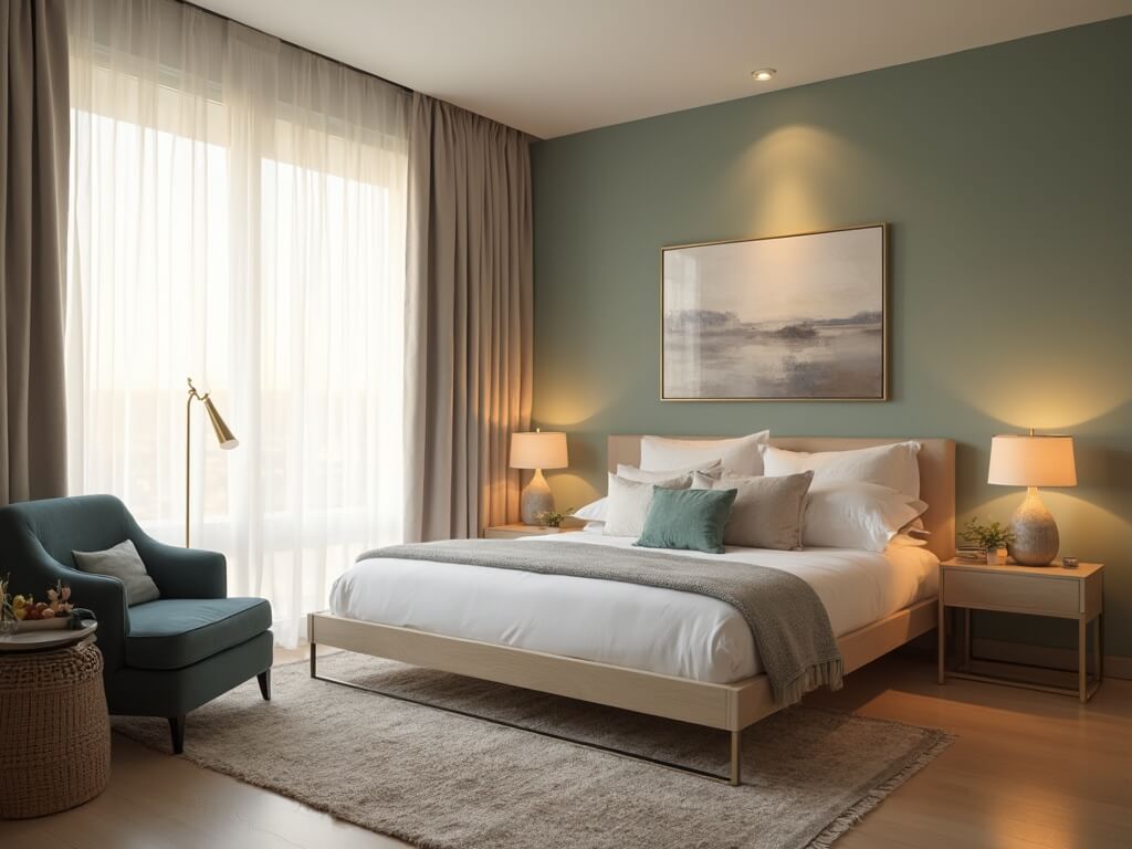 "Modern luxury guest room with queen-size bed, sage green accent wall, abstract painting, plush armchair, brass floor lamp, and welcome basket during golden hour."