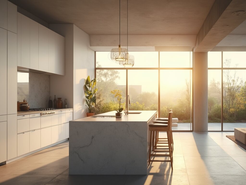 "Modern minimalist kitchen with handleless white cabinets, quartz island, integrated appliances and golden hour lighting"