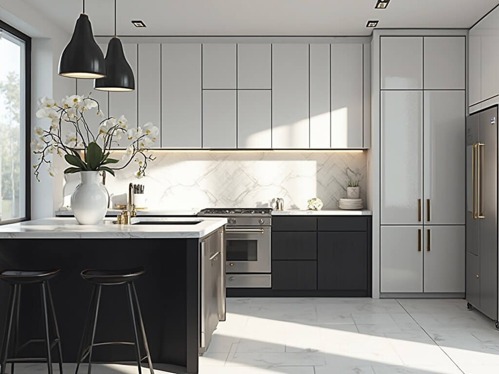 "Modern white and black kitchen with quartz island and floor-to-ceiling windows"