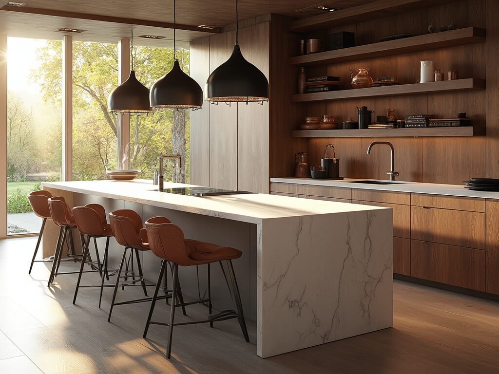 "Luxury modern kitchen island with walnut wood cabinetry, white quartz countertop, matte black pendant lights, and barstools, illuminated by natural sunlight through floor-to-ceiling windows"