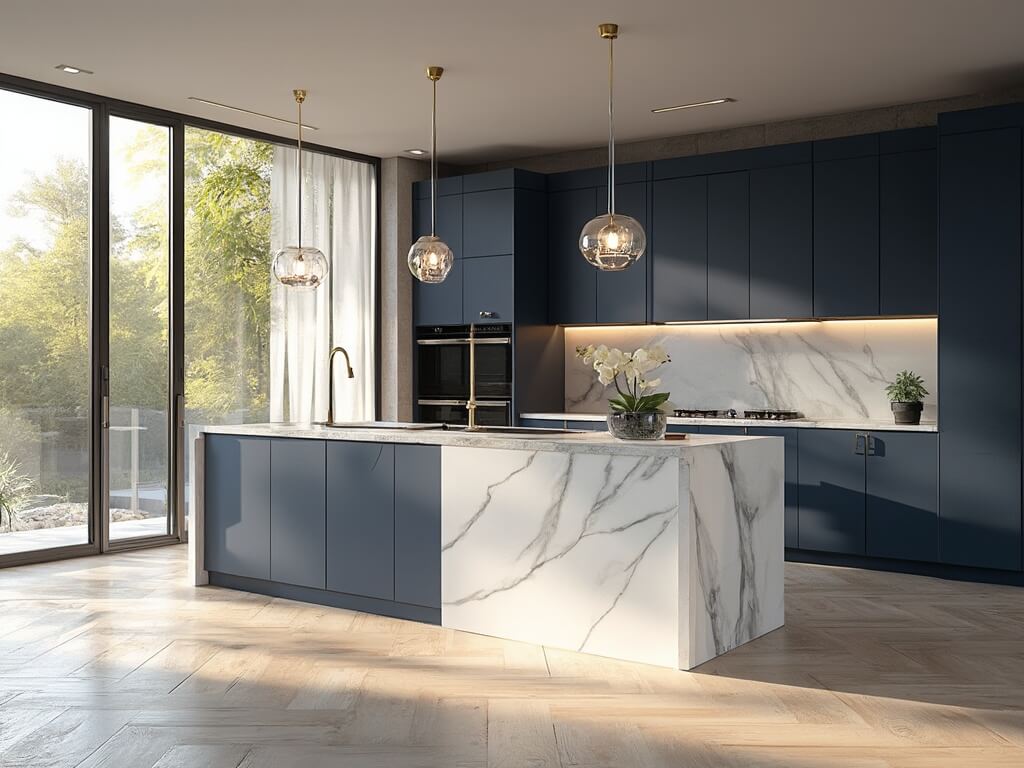 "Modern luxury kitchen with white marble waterfall island, navy blue cabinets, white oak herringbone flooring, and crystal pendant lights"