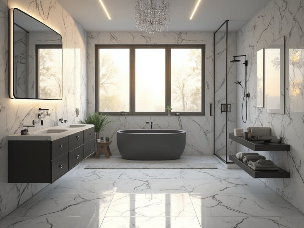 "Modern luxury monochrome bathroom with white marble walls, black bathtub, vanity and shower frame, backlit mirror, and golden hour lighting"