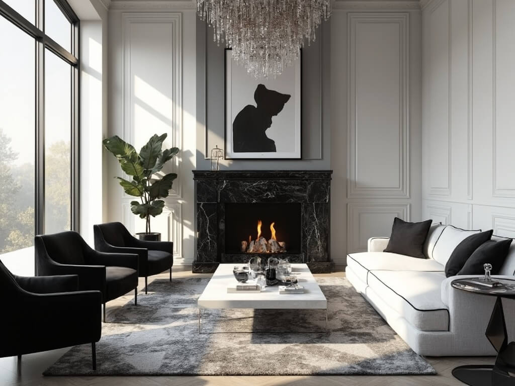 "Luxurious modern living room with black marble fireplace, white linen sofa, black accent chairs, abstract art, and natural lighting from floor-to-ceiling windows"