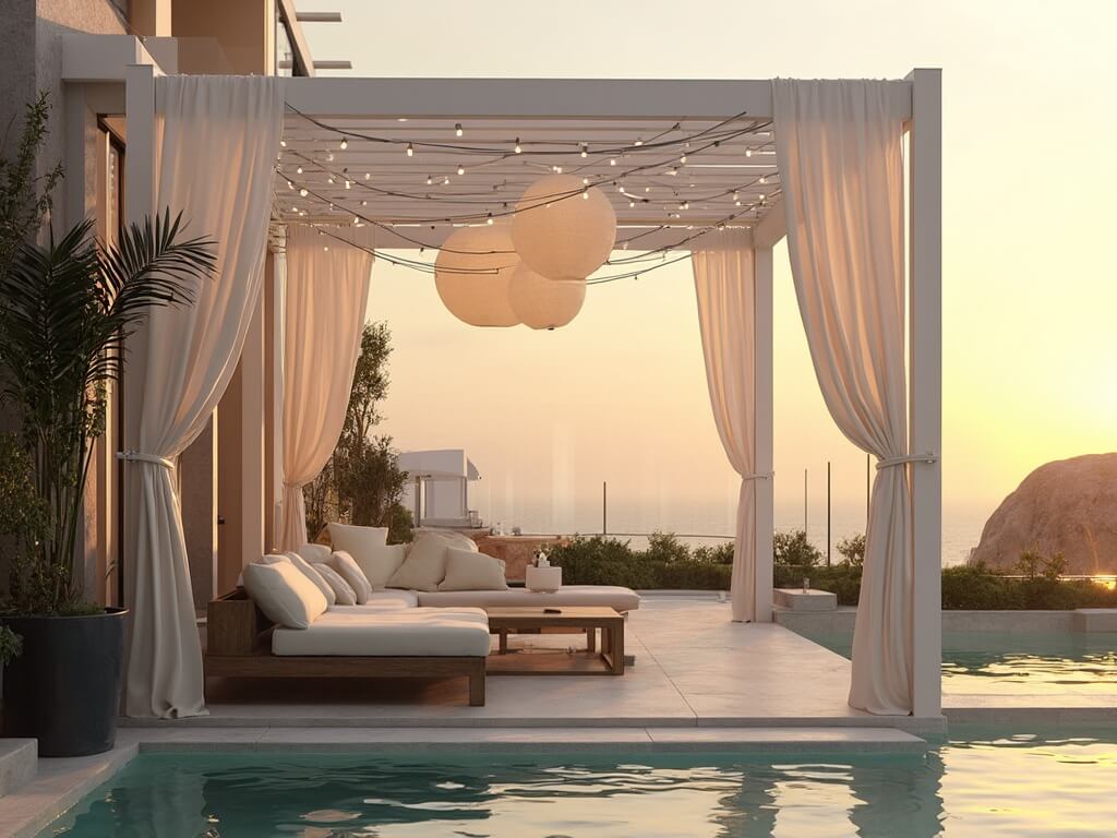 "Modern poolside pergola at sunset with white curtains, teak furniture, pendant lights, palm trees in planters, and infinity pool"