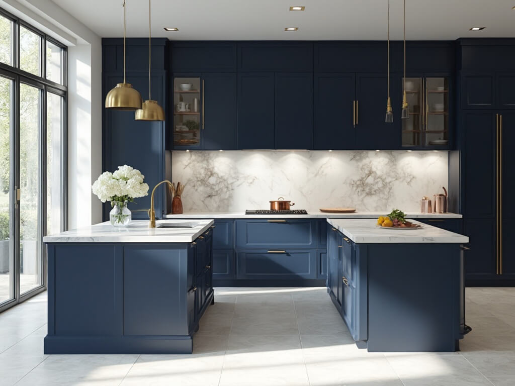 "Luxurious modern kitchen with navy blue cabinets, white quartz island, and herringbone oak floors under natural morning light"