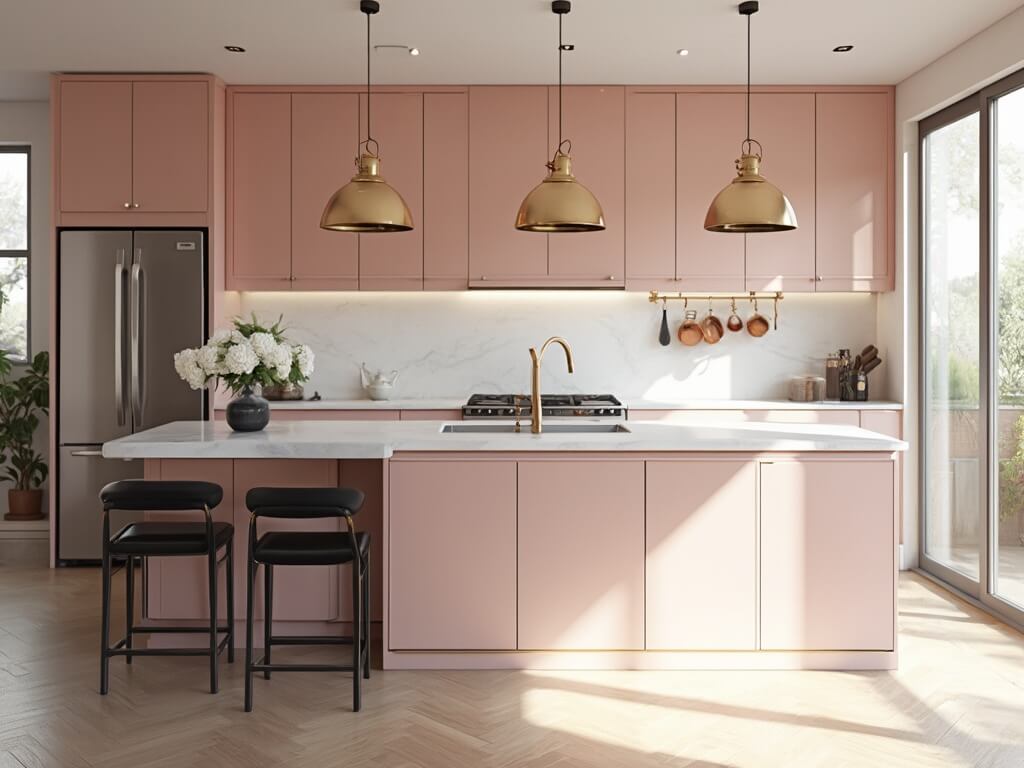 "Modern spacious kitchen with blush pink cabinets, white marble waterfall island, black bar stools, brass pendant lights, and herringbone flooring bathed in morning sunlight."