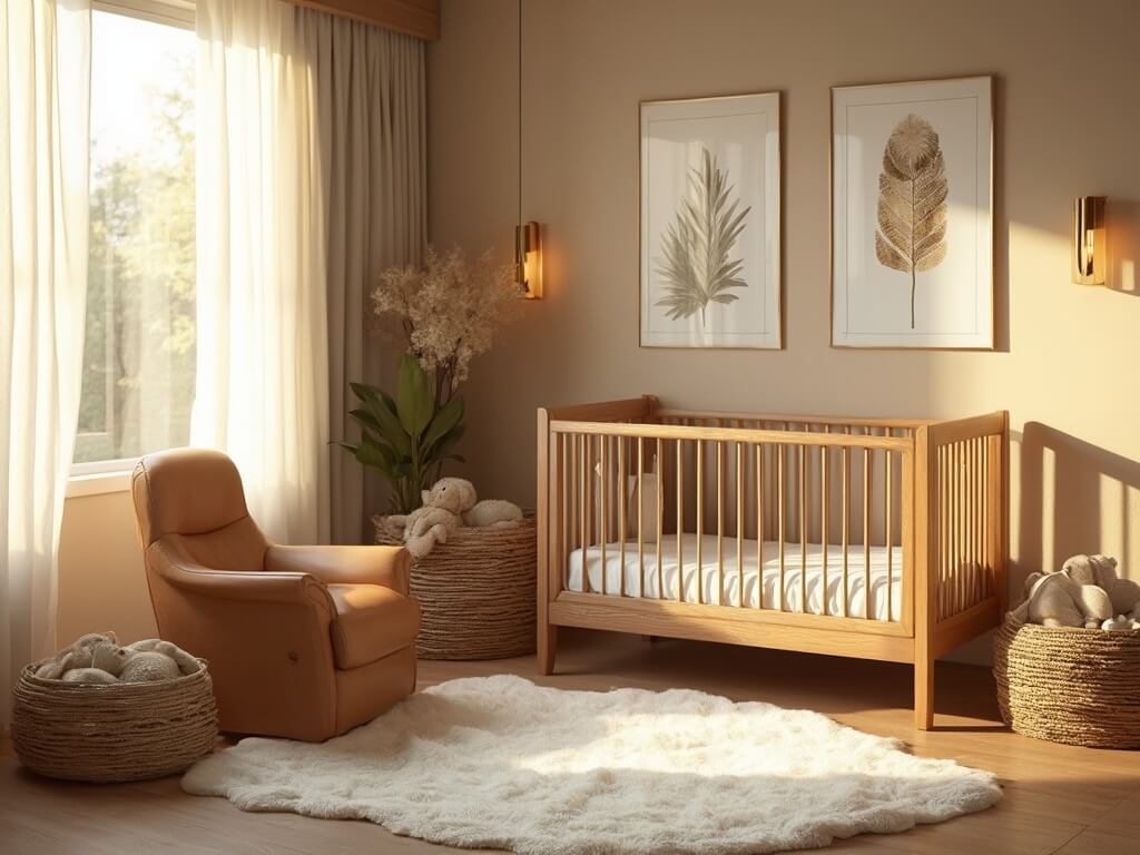 "Modern safari-themed nursery corner with oak crib, cognac leather glider, large botanical prints, and handwoven seagrass baskets during golden hour"
