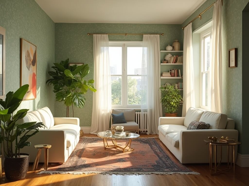 "Modern rental apartment with sage green living room illuminated by natural light, featuring cream loveseats, brass and glass coffee table, fiddle leaf fig tree, vintage Persian rug, and floating shelves with assorted decorations."