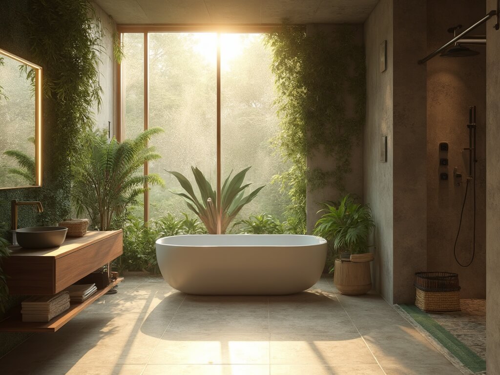 "Luxurious modern spa bathroom with biophilic elements, large windows, and smart technology features"